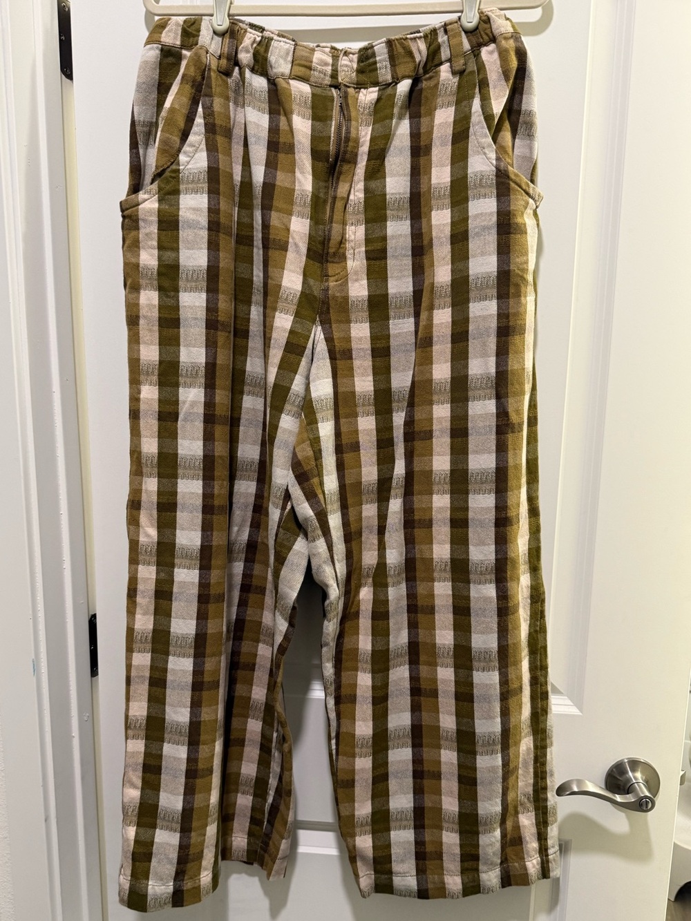 Free People Plaid Pull-On Pants in Olive & Cream